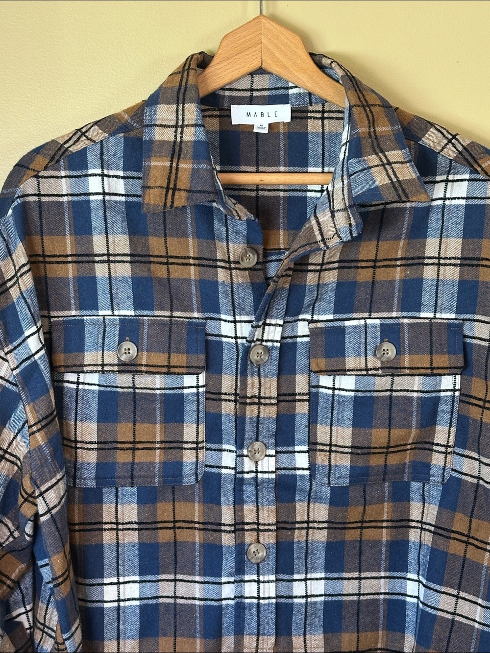 MABLE Blue & Brown Plaid Button-Down Shirt oversized cropped in front Size M